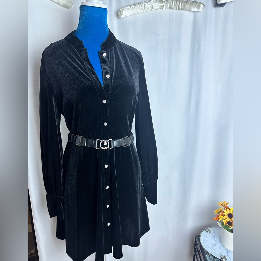 ✅ Zara Black Velvety Long Sleeve Mandarin Collar Button Down Dress